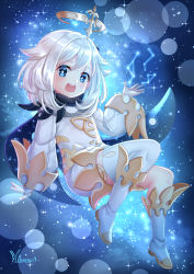 Rule 34 | 1girl, :d, artist name, black cape, blue eyes, boots, cape, commentary request, constellation, dress, full body, genshin impact, hair between eyes, hand up, highres, knee boots, long sleeves, looking at viewer, open mouth, paimon (genshin impact), puffy long sleeves, puffy sleeves, signature, silver hair, single thighhigh, sleeves past wrists, smile, solo, teeth, thighhighs, thighhighs under boots, upper teeth only, villyane, white dress, white footwear, white thighhighs