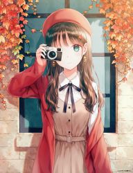 Rule 34 | 1girl, absurdres, arm at side, armpits, artist name, black ribbon, blush, breasts, brick wall, brown dress, brown hair, camera, closed mouth, collared shirt, cowboy shot, day, dengeki moeou, dress, dress shirt, earrings, green eyes, hair between eyes, hair ornament, hand up, hat, highres, hiten (hitenkei), holding, holding camera, jacket, jewelry, leaf, leaf hair ornament, long hair, long sleeves, looking at viewer, maple leaf, medium breasts, neck ribbon, non-web source, off shoulder, one eye covered, open clothes, open jacket, original, outdoors, red hat, red jacket, ribbon, shirt, smile, solo, standing, white shirt, window, wing collar