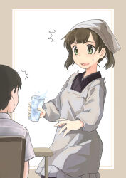 Rule 34 | 1boy, 1girl, absurdres, apron, black hair, brown hair, chair, commentary request, cup, ennui orz, glass, green eyes, head scarf, highres, holding, holding cup, kappougi, original, sitting, surprised, sweatdrop, table, water