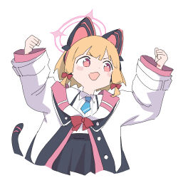 Rule 34 | 1girl, animal ears, arms up, blonde hair, blue archive, blue necktie, blush stickers, bow, cat tail, clenched hands, cut bangs, forehead, furrowed brow, halo, highres, mmmkawaine, momoi (blue archive), necktie, oekaki, open mouth, pink eyes, pink halo, red bow, school uniform, short hair, simple background, sketch, solo, tail, white background
