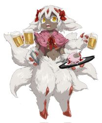 Rule 34 | 1girl, :o, alcohol, alternate costume, beer, beer mug, body fur, bow, bowtie, capelet, claws, colored eyelashes, cup, dark-skinned female, dark skin, drink, extra arms, faputa, fewer digits, fork, full body, hair bow, hashtag-only commentary, highres, holding, holding cup, holding tray, horns, knife, looking to the side, made in abyss, monster girl, mug, multiple horns, multiple tails, navel, open mouth, pink capelet, red bow, red bowtie, red horns, sharp teeth, simple background, solo, stab, standing, tail, teeth, tray, white background, white fur, xiaopizi32439, yellow eyes