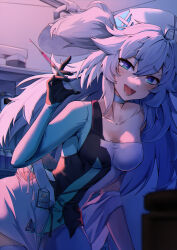 Rule 34 | 1girl, absurdres, blue eyes, breasts, collarbone, commentary, cowboy shot, english commentary, florence (neural cloud), girls&#039; frontline, girls&#039; frontline neural cloud, gloves, hat, heart, heart-shaped pupils, highres, holding, holding syringe, id card, indoors, large breasts, leaning forward, long hair, looking at viewer, messy hair, nalua h, nurse cap, open mouth, pa-15 (girls&#039; frontline), smile, solo, symbol-shaped pupils, syringe, twintails, white hair