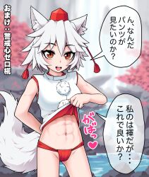 1girl abs animal_ear_fluff animal_ears autumn_leaves blurry blurry_background blush breasts clothes_lift commentary_request cowboy_shot fundoshi hat highres inubashiri_momiji japanese_clothes large_variant_set leaf_print looking_at_viewer medium_breasts navel no_pants open_mouth orange_eyes pom_pom_(clothes) pond red_fundoshi red_hat ringed_eyes shirt shirt_lift short_hair sleeveless sleeveless_shirt solidus_(sword_cube) solo tail tassel tokin_hat toned toned_female touhou translation_request tree variant_set water waterfall white_shirt wolf_ears wolf_girl wolf_tail