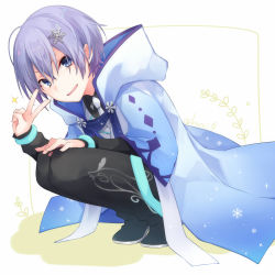 Rule 34 | 1boy, black footwear, black pants, blue eyes, blue jacket, commentary request, eyebrows hidden by hair, full body, hair between eyes, hair ornament, hand on own knee, hand up, highres, hood, hood down, hooded jacket, jacket, kuroi (liar-player), long sleeves, looking at viewer, male focus, open clothes, open jacket, pants, parted lips, purple hair, shirayuki reid, shirt, shoes, smile, snowflake hair ornament, solo, squatting, twitter username, v, vgaming, virtual youtuber, white background, white shirt, wide sleeves