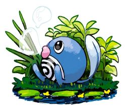Rule 34 | black eyes, bubble, blowing bubbles, creatures (company), from side, game freak, gen 1 pokemon, grass, kokesa kerokero, lily pad, looking up, nintendo, no humans, pokemon, pokemon (creature), poliwag, solo, symbol-only commentary, water, white background