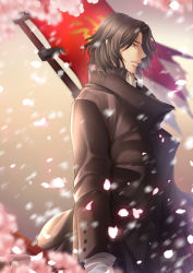 Rule 34 | 10s, 1boy, black hair, black jacket, brown eyes, cherry blossoms, closed mouth, drifters, from side, hatori mia, highres, hijikata toshizou (drifters), jacket, long sleeves, looking away, male focus, parted bangs, profile, short hair, solo, upper body