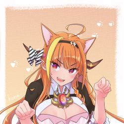 Rule 34 | 1girl, animal ears, black jacket, blonde hair, bow, braid, braided ponytail, breasts, brooch, cat day, cat ears, chain necklace, chibi, claw pose, cleavage, cocked eyebrow, diagonal-striped bow, dragon horns, eyebrows, fang, headband, hololive, horn bow, horn ornament, horns, jacket, jewelry, kiryu coco, kiryu coco (1st costume), kyou fumei, large breasts, long hair, multicolored hair, necklace, open hands, open mouth, orange background, paw pose, pointy ears, skin fang, solo, streaked hair, striped, striped bow, virtual youtuber