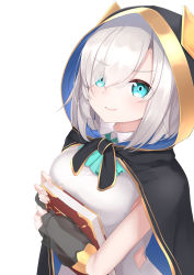 Rule 34 | 1girl, ars almal, black cape, blue cape, blue eyes, book, breasts, cape, closed mouth, commentary request, date (mamanonamaebot), dress, hair over one eye, highres, hood, hood up, hooded cape, looking at viewer, medium breasts, multicolored cape, multicolored clothes, nijisanji, hugging object, silver hair, simple background, sleeveless, sleeveless dress, smile, solo, two-sided cape, two-sided fabric, upper body, virtual youtuber, white background, white dress