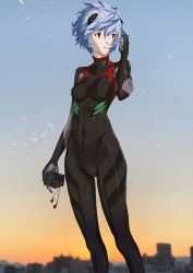 Rule 34 | 1girl, arm at side, ayanami rei, black bodysuit, blue hair, blue sky, blurry, blurry background, bodysuit, breasts, building, cassette player, city, cityscape, clothes writing, commentary request, covered navel, earbuds, earphones, evangelion: 3.0 you can (not) redo, expressionless, eyelashes, facing viewer, feet out of frame, floating hair, framed breasts, gradient sky, hair between eyes, hairpods, hand up, highres, holding, interface headset, kiyohisa, legs apart, light blue hair, long legs, looking afar, messy hair, neon genesis evangelion, orange sky, outdoors, parted lips, pilot suit, plugsuit, rebuild of evangelion, red eyes, shaded face, short hair, skin tight, skinny, sky, small breasts, solo, sparks, standing, sunlight, sunset, very short hair