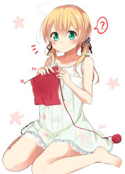 Rule 34 | ^^^, 10s, 1girl, ?, ahoge, anchor hair ornament, anchor symbol, bare arms, bare legs, bare shoulders, barefoot, black ribbon, blush, collarbone, colored eyelashes, dress, floral print, green dress, green eyes, hair between eyes, hair ornament, hair ribbon, kantai collection, knitting, knitting needle, low twintails, needle, prinz eugen (kancolle), ribbon, sasahara wakaba, sitting, sleeveless, sleeveless dress, solo, spoken question mark, sundress, tareme, twintails, wariza, wool