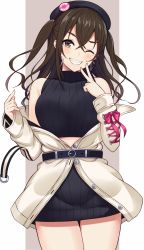 Rule 34 | 1girl, ;d, bare shoulders, belt, beret, black hat, black skirt, blush, brown eyes, brown hair, buttons, commentary request, cowboy shot, crop top, earrings, grin, hair between eyes, hat, highres, idolmaster, idolmaster cinderella girls, jacket, jewelry, long hair, long sleeves, looking at viewer, midriff, miniskirt, mole, mole under eye, off shoulder, one eye closed, open clothes, open jacket, open mouth, ribbed sweater, sharp teeth, sidelocks, skirt, sleeveless, sleeveless turtleneck, smile, solo, standing, sukebewe, sunazuka akira, sweater, teeth, turtleneck, two side up, wavy hair, white jacket
