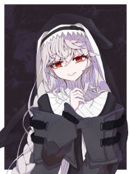 Rule 34 | 1girl, absurdres, arknights, black background, black cape, black dress, black headwear, braid, cape, commentary, dress, habit, hair between eyes, hand up, head tilt, highres, huge filesize, long hair, looking at viewer, nun, parted lips, red eyes, ren niao gong, silver hair, single braid, smile, solo, specter (arknights), sweater, upper body