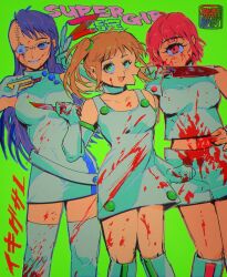 Rule 34 | 3girls, artist logo, asymmetrical hair, babibu baby, belt, blonde hair, blood, blood on clothes, blood on face, blood splatter, bloody knife, blue eyes, blue hair, boxcutter, closed mouth, commentary, cyclops, dress, feet out of frame, fingerless gloves, gloves, green background, green eyes, grin, group name, hands up, highres, holding, holding boxcutter, holding knife, ichigou (ikigusare), ikigusare, kneehighs, knife, long hair, midriff, multiple faces, multiple girls, navel, nigou (ikigusare), one-eyed, open mouth, red eyes, red hair, reverse grip, sangou (ikigusare), short dress, short hair, short shorts, shorts, side ponytail, sidecut, simple background, sleeveless, sleeveless dress, smile, socks, standing, stitched face, stitches, thighhighs, turtleneck dress, undercut, uneven eyes, v, white belt, white dress, white shorts, white thighhighs
