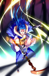 Rule 34 | 1boy, belt, blue hair, bracelet, cape, capelet, casting spell, cu chulainn (fate), cu chulainn (caster) (fate), earrings, eilinna, elbow gloves, fangs, fate/grand order, fate (series), fingerless gloves, floating hair, full body, fur, fur-trimmed hood, fur trim, gloves, glowing, harem pants, highres, holding, holding weapon, hood, hood down, hooded capelet, jewelry, cu chulainn (fate/stay night), long hair, magic, male focus, open mouth, toeless footwear, pants, red eyes, ring, runes, skin tight, smile, solo, spiked hair, staff, tank top, type-moon, vambraces, weapon, wooden staff