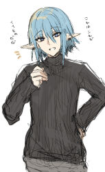 Rule 34 | 1boy, black sweater, blue eyes, blue hair, ear piercing, final fantasy, final fantasy xiv, hair between eyes, hand on own hip, hand up, haurchefant greystone, head tilt, highres, kinona, long sleeves, looking at viewer, male focus, notice lines, piercing, pointy ears, ribbed sweater, simple background, sketch, sleeves past wrists, smile, solo, sweater, translation request, white background