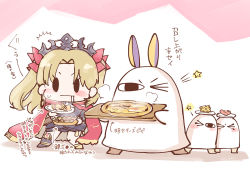 Rule 34 | &gt; &lt;, 2girls, 2others, aruti, black tiara, blonde hair, blush, blush stickers, cheese, chibi, drooling, earrings, ereshkigal (fate), fate/grand order, fate (series), food, gold trim, hair ribbon, holding, holding food, holding pizza, hoop earrings, jewelry, long hair, medjed (fate), multiple girls, multiple others, nitocris (fate), nitocris (fate/grand order), nitocris (swimsuit assassin) (fate), one eye closed, open mouth, pizza, red ribbon, ribbon, simple background, star (symbol), steam, tiara, translation request