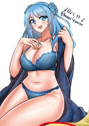 Rule 34 | 1girl, absurdres, blue bra, blue eyes, blue hair, blue panties, bra, breasts, cleavage, dated, double bun, hair bun, highres, japanese clothes, kantai collection, katou shinobu, kimono, large breasts, one-hour drawing challenge, open clothes, open kimono, panties, simple background, sitting, smile, solo, twitter username, underwear, urakaze (kancolle), white background