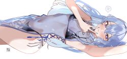 Rule 34 | 1girl, arm behind head, armpit crease, armpits, bare legs, bikini, black bikini, blue dress, blue hair, blue nails, blush, breasts, china dress, chinese clothes, cowboy shot, dress, hair between eyes, hand to own mouth, highres, hololive, hoshimachi suisei, long hair, nail polish, open mouth, purple eyes, see-through, see-through dress, side-tie bikini bottom, sideless dress, simple background, skindentation, small breasts, solo, spoken blush, standing, swimsuit, tomanesan, v, v over mouth, virtual youtuber, white background