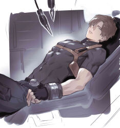 Rule 34 | 1boy, bed straps, brown hair, curtained hair, fingerless gloves, gloves, gurney, half-closed eyes, highres, leon s. kennedy, lying, male focus, muscular, muscular male, naijarski, on back, pectorals, resident evil, resident evil 4, resident evil 4 (remake), shirt, short hair, short sleeves, solo, t-shirt, tight clothes, tight shirt