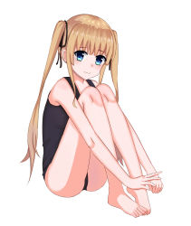 Rule 34 | barefoot, blue eyes, full body, highres, kapamiao, knees up, light brown hair, looking at viewer, one-piece swimsuit, saenai heroine no sodatekata, sawamura spencer eriri, school swimsuit, simple background, sitting, smile, solo, swimsuit, twintails, white background