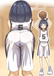 Rule 34 | 1girl, ass, ball, basketball, basketball jersey, basketball uniform, bent over, blue hair, blunt bangs, blurry, blurry background, female focus, from behind, green eyes, highres, holding, holding ball, kasago (wnfj2383), medium hair, multiple views, original, outline, panties, see-through, shirt tucked in, shoes, sneakers, solo, sportswear, underwear, wedgie, white footwear, white outline