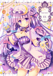 Rule 34 | 1girl, alternate hairstyle, bad id, bad pixiv id, blush, bottle, bow, breasts, cleavage, crescent, double bun, earrings, hair bow, hat, jewelry, large breasts, long hair, looking at viewer, mizuse kiseki, patchouli knowledge, purple eyes, purple hair, smile, solo, star (symbol), touhou, wrist cuffs