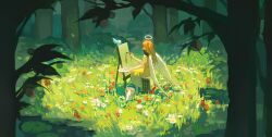 Rule 34 | 1girl, angel, angel wings, bare arms, barefoot, bird, blue bird, branch, bucket, bush, canvas (object), chinese commentary, commentary, dress, easel, flower, food, forest, from behind, fruit, full body, grass, halo, highres, holding, holding brush, holding palette, interface headset, lance of longinus (evangelion), leaf, lenhato, meadow, mushroom, nature, neon genesis evangelion, orange flower, orange hair, outdoors, painting (action), palette (object), sitting, sleeveless, sleeveless dress, solo, souryuu asuka langley, tree, white bird, white flower, white wings, wings, yellow dress