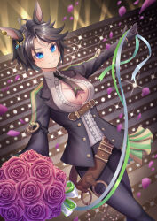 Rule 34 | 1girl, absurdres, ahoge, animal ears, aokocha, belt, black gloves, black hair, black jacket, black necktie, blue eyes, bouquet, breasts, brown belt, center frills, cleavage, closed mouth, collared shirt, commentary request, cowboy shot, ear ornament, ear piercing, flower, frilled shirt, frills, fuji kiseki (umamusume), gloves, gold trim, hair between eyes, hand up, highres, holding, holding bouquet, horse ears, horse girl, jacket, long sleeves, looking at viewer, medium breasts, multicolored hair, necktie, open clothes, open jacket, pants, piercing, ribbon, rose, shirt, short hair, sidelocks, smile, solo, stage, stage lights, standing, umamusume, underbust, white hair, white shirt