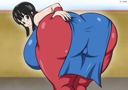 Rule 34 | 1girl, absurdres, ass, ass grab, black eyes, black hair, breasts, chi-chi (dragon ball), clothes, dibuctor, dragonball z, female focus, grabbing, grabbing own ass, highres, huge ass, huge breasts, long hair, looking back, mature female, presenting, solo