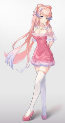 Rule 34 | 1girl, absurdres, alternate costume, arms behind back, bare shoulders, blue hair, blunt bangs, bow, bow-shaped hair, bow legwear, breasts, casual, chibi vanille, cleavage, collarbone, colored tips, commentary request, crossed legs, dress, frilled dress, frills, full body, genshin impact, gradient background, gradient hair, grey background, hair ornament, head tilt, high heels, highres, jewelry, lace, lace-trimmed dress, lace trim, light blush, long hair, looking at viewer, medium breasts, multicolored hair, necklace, pink bow, pink dress, pink eyes, pink footwear, pink hair, platform footwear, ponytail, pumps, purple eyes, sangonomiya kokomi, see-through, shell, shell hair ornament, shell necklace, skindentation, sleeveless, sleeveless dress, solo, standing, star (symbol), star hair ornament, thighhighs, white background, white thighhighs, zettai ryouiki