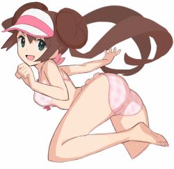 Rule 34 | 10s, 1girl, aqua eyes, ass, bra, breasts, brown hair, checkered bra, checkered clothes, checkered panties, creatures (company), double bun, game freak, hair bun, long hair, looking at viewer, nintendo, open mouth, panties, pink bra, pink panties, pokemon, pokemon bw2, rosa (pokemon), saitou naoki, simple background, sketch, smile, solo, twintails, underwear, underwear only, very long hair, visor cap, white background