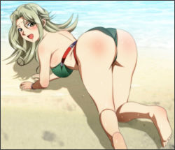 Rule 34 | 1girl, all fours, ass, back, banpresto, bare shoulders, barefoot, beach, bikini, blush, breasts, feet, from behind, green hair, highres, lamia loveless, large breasts, legs, long hair, looking back, ocean, open mouth, sand, soles, solo, super robot wars, sweat, swimsuit, thighs, toes, water, wedgie, yadokari genpachirou