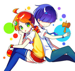 Rule 34 | 1boy, 1girl, absurdres, ahoge, andou ringo, apple, blue theme, blush, closed mouth, collared shirt, crossed legs, drill hair, food, fruit, hair ornament, hair over eyes, hairclip, highres, holding, holding food, holding fruit, long hair, looking at viewer, offbeat, pleated skirt, puyopuyo, red hair, red skirt, sasaki maguro, shirt, short hair, short sleeves, skirt, smile, sweater vest, tongue, tongue out, twin drills, white shirt, yellow sweater vest