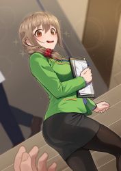 Rule 34 | 1girl, ass, black pantyhose, black skirt, blazer, blurry, blurry background, blush, braid, brown eyes, brown hair, commentary, depth of field, dutch angle, formal, green jacket, hair ornament, hair over shoulder, hair scrunchie, holding, holding notebook, idolmaster, idolmaster cinderella girls, jacket, kamille (vcx68), long sleeves, looking at viewer, medium hair, miniskirt, notebook, office lady, open mouth, out of frame, outdoors, pantyhose, pencil skirt, pov, scrunchie, senkawa chihiro, single braid, skirt, skirt suit, smile, solo focus, sparkle, stairs, suit, tight skirt