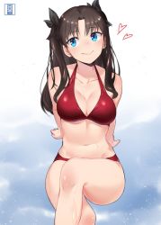 Rule 34 | 1girl, bikini, blue eyes, breasts, brown hair, cleavage, cloud, cloudy sky, collarbone, emiya-san chi no kyou no gohan, fate/stay night, fate (series), hair ribbon, halterneck, large breasts, looking at viewer, murio, navel, red bikini, ribbon, sitting, sky, smile, solo, swimsuit, tohsaka rin, twintails, two side up
