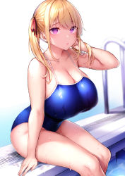 Rule 34 | adjusting hair, blonde hair, breasts, cleavage, competition swimsuit, curvy, highres, huge breasts, one-piece swimsuit, original, parted lips, pool, pool ladder, poolside, purple eyes, short twintails, sitting, soaking feet, spaghetti strap, swimsuit, tsukumiya amane, twintails, water, wet