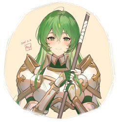 Rule 34 | 1girl, absurdres, ahoge, armor, blush, breastplate, collared shirt, colored inner hair, commentary request, dated, elbow gloves, erinys (fire emblem), fingerless gloves, fire emblem, fire emblem: genealogy of the holy war, fire emblem heroes, gauntlets, gloves, gold trim, green eyes, green hair, green shirt, hair between eyes, highres, holding, holding lance, holding polearm, holding weapon, kakage, lance, long hair, looking at viewer, multicolored hair, nintendo, pauldrons, polearm, shirt, shoulder armor, simple background, sleeveless, sleeveless shirt, smile, solo, turtleneck, upper body, very long hair, weapon, white armor