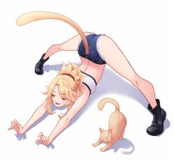 Rule 34 | 1girl, :3, ass, bandeau, black footwear, blonde hair, blush, boots, cat, cat stretch, cat tail, closed eyes, denim, denim shorts, fate/grand order, fate (series), highres, jack-o&#039; challenge, long hair, mordred (fate), mordred (fate/apocrypha), mordred (memories at trifas) (fate), pankeiki, red scrunchie, scrunchie, shadow, short shorts, shorts, solo, spread legs, stretching, tail, whiskers, wide spread legs