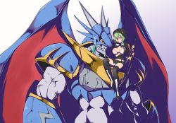 Rule 34 | 1boy, 1girl, ;), abs, armor, bike shorts, bikini, bikini top only, black bikini, black footwear, blue armor, blush, boots, breasts, cleavage, commentary request, digimon, digimon (creature), digimon world re:digitize, full body, gauntlets, goggles, goggles around neck, gradient background, green hair, groin, hair between eyes, hair ornament, hairclip, hood, hoodie, horns, jacket, knee boots, large breasts, long sleeves, looking at viewer, midriff, one eye closed, orange eyes, over-kneehighs, partially unzipped, print footwear, print jacket, print shorts, purple background, ryo@, shinomiya rina, short hair, short hair with long locks, shorts, shoulder armor, sidelocks, simple background, sitting, smile, standing, sweatdrop, swimsuit, thighhighs, two-tone bikini, ulforcev-dramon, upper body, veins, white background, white bikini, wings