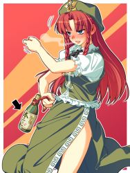 Rule 34 | 1girl, blue eyes, blush, bottle, braid, breath, china dress, chinese clothes, dress, drunk, female focus, hat, highres, hong meiling, immaterial and missing power, lips, long hair, red hair, ribbon, solo, star (symbol), touhou, translated, twin braids, yuuki keisuke