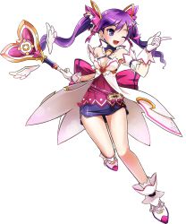 Rule 34 | 1girl, ;d, absurdres, aisha landar, bare shoulders, dimension witch (elsword), elsword, full body, gloves, hair ornament, hair ribbon, hairclip, highres, long hair, official art, one eye closed, open mouth, purple eyes, purple hair, purple skirt, ribbon, skirt, smile, solo, transparent background, twintails, wand