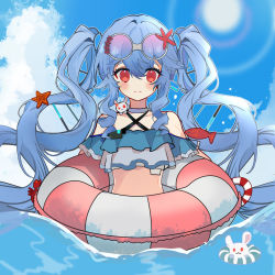 Rule 34 | 1girl, absurdres, animal, animal on shoulder, bare shoulders, bikini, blue hair, blue sky, blush, chinese commentary, cloud, cloudy sky, commentary request, crab hair ornament, criss-cross halter, day, double helix, eyewear on head, fish hair ornament, frilled bikini, frills, girls&#039; frontline, girls&#039; frontline neural cloud, hair between eyes, hair ornament, halterneck, heituitui, helix (neural cloud), highres, holding, holding swim ring, innertube, long hair, looking at viewer, outdoors, rabbit, red eyes, sidelocks, sky, smile, solo, starfish, starfish hair ornament, sun, sunglasses, swim ring, swimsuit, twintails, upper body, water