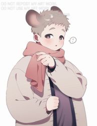 Rule 34 | !, 1boy, adjusting scarf, animal ears, blush, brown eyes, commentary, fat, fat man, korean commentary, layered clothes, looking down, male focus, mongz, necktie, scarf, sweat, thick eyebrows, watermark, white background