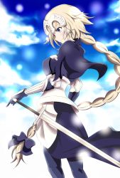 Rule 34 | 1girl, absurdres, armor, blonde hair, blue eyes, braid, fate/apocrypha, fate/grand order, fate (series), female focus, from behind, hand on hilt, headpiece, highres, jeanne d&#039;arc (fate), jeanne d&#039;arc (ruler) (fate), long hair, sheath, sheathed, solo, sword, warrior, weapon