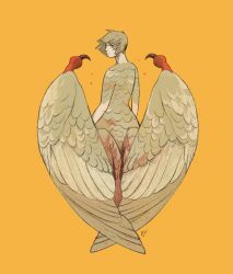 Rule 34 | 1girl, blonde hair, blood, body fur, chimera, closed mouth, commentary, dungeon meshi, english commentary, falin touden, falin touden (chimera), feathered wings, floating hair, from behind, frown, highres, looking at viewer, looking back, low wings, lupiebarbablu, monster girl, nude, orange background, short hair, solo, spoilers, wings, yellow eyes