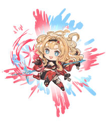 Rule 34 | 1girl, :d, black hairband, blonde hair, blue eyes, boots, breasts, chibi, cleavage, cleavage cutout, clothing cutout, granblue fantasy, hair intakes, hairband, highres, holding, holding polearm, holding weapon, long hair, medium breasts, open mouth, polearm, shimatani azu, smile, weapon, weapon behind back, zeta (granblue fantasy), zeta (grand) (granblue fantasy)