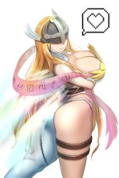 Rule 34 | 1girl, angel, angel girl, angewomon, ass, ass cutout, asymmetrical ass, asymmetrical ass cutout, asymmetrical clothes, asymmetrical legwear, breasts, cleavage, clothing cutout, digimon, digimon (creature), half ass, head wings, heart, highres, large breasts, long hair, mask, revealing clothes, solo, spoken heart, wings