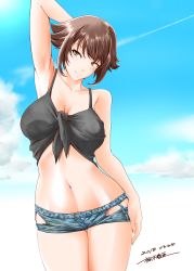 Rule 34 | 1girl, arm behind head, artist name, breasts, brown hair, cleavage, collarbone, cowboy shot, dated, day, flipped hair, green eyes, grey tank top, highres, kantai collection, kiriki haruomi, large breasts, looking at viewer, midriff, mutsu (kancolle), navel, outdoors, shirt, short shorts, shorts, skindentation, smile, solo, tank top, tied shirt, torn clothes, torn shorts, upper body
