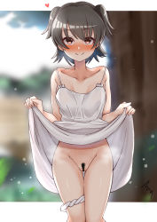 Rule 34 | 1girl, absurdres, akagi miria, artist name, blurry, blurry background, blush, brown eyes, brown hair, closed mouth, clothes lift, commentary request, cowboy shot, day, dress, dress lift, female pubic hair, gluteal fold, groin, heart, highres, idolmaster, idolmaster cinderella girls, lifting own clothes, looking at viewer, mabanna, outdoors, outside border, panties, panties around leg, partial commentary, pubic hair, pussy juice, short hair, signature, smile, solo, spaghetti strap, sparse pubic hair, standing, sundress, thigh gap, two side up, underwear, white dress, white panties