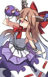 Rule 34 | 1girl, bare shoulders, belt, blush, bow, brown hair, closed eyes, commentary request, drinking, e.o., frilled shirt, frilled wrist cuffs, frills, gourd, gradient hair, hair bow, highres, horn bow, horn ornament, horns, ibuki suika, long hair, multicolored clothes, multicolored hair, multicolored skirt, neckerchief, oni horns, open mouth, pouring, purple bow, red bow, red neckerchief, shirt, simple background, skirt, sleeveless, smile, solo, touhou, upper body, very long hair, white background, white shirt, wrist cuffs